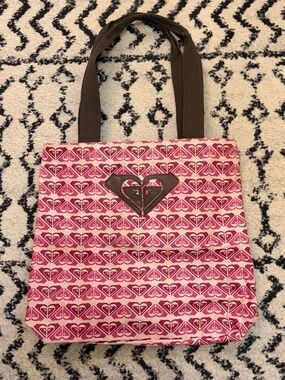 Y2K Roxy Pink Red Canvas Tote Shoulder Beach Bag Purse Logo Surf Skater Summer
